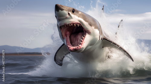 Close-up of a scary giant white shark jumping out of the ocean. Shark teeth