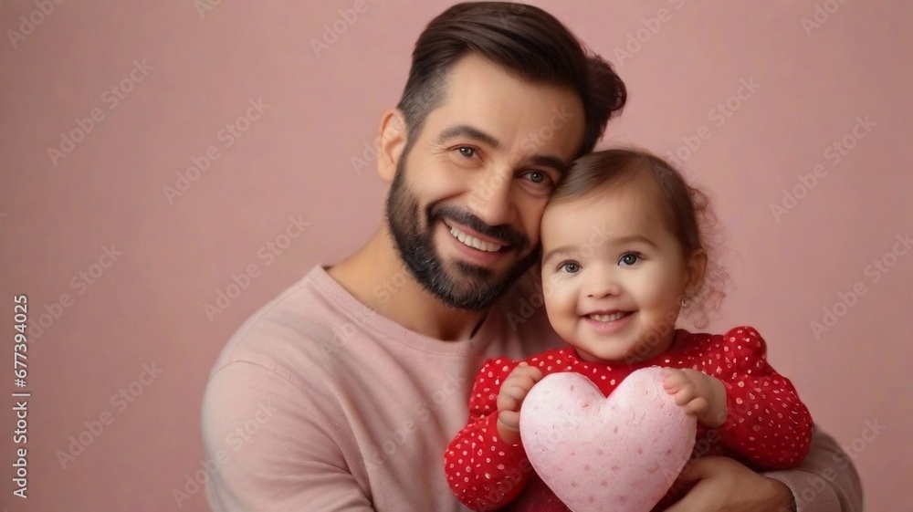 Portrait of happy dad with his toddler daughter posing against valentine's day vibes background with space for text, AI generated, background image