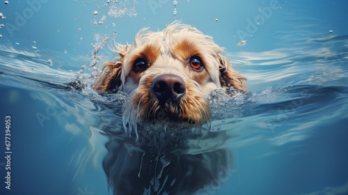 Yellow stray dog swimming in water, front view