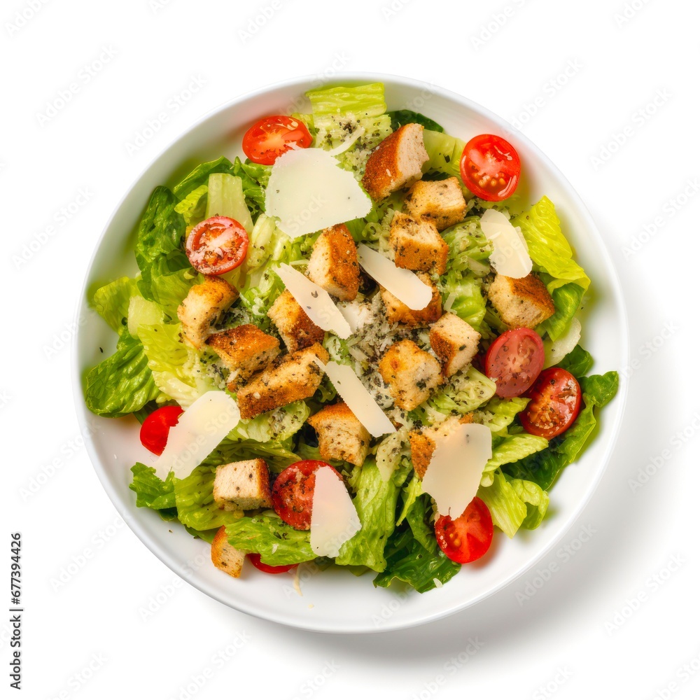 Top view on plate of Caesar salad on white background. Top view on plate of Caesar salad on white background.