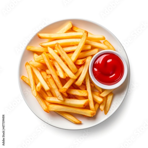 Top view on plate of french fries with ketchup on white background.