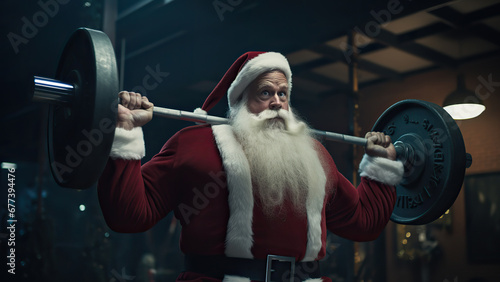 Photo of a strong Santa Claus in the gym with dumbbells.