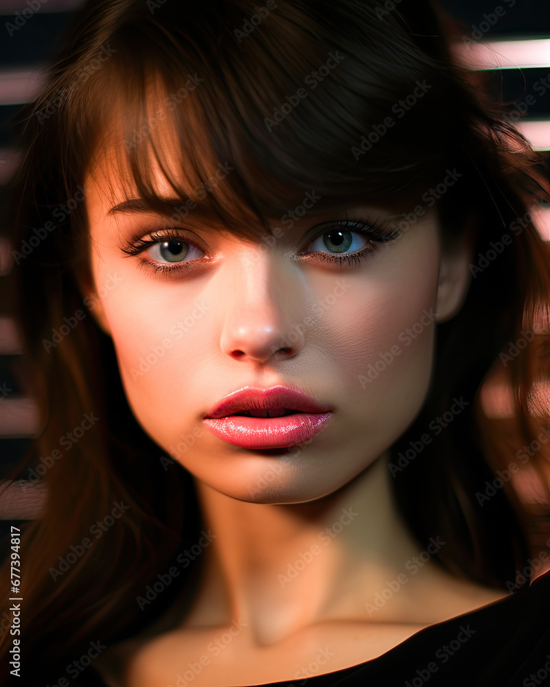 Bangs, rosy lips: brunette beauty with a captivating gaze, against a dark backdrop. Bangs, rosy lips: brunette beauty with a captivating gaze, against a dark backdrop.
