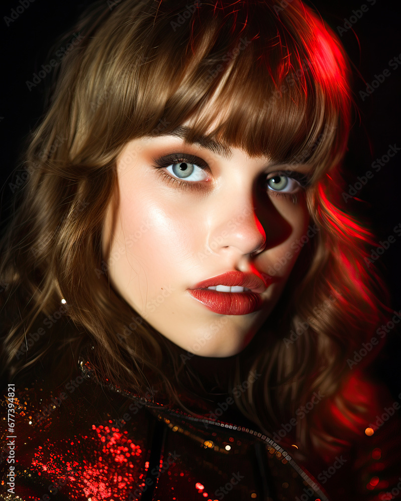 Fototapeta premium Wavy dark blonde: Piercing look, red lips, neon lights, serious demeanor.