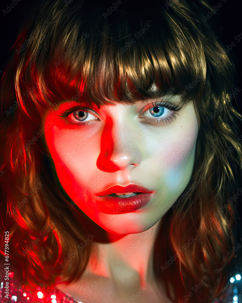 Serious model: Dark blonde waves, red lips, penetrating gaze, neon glow Serious model: Dark blonde waves, red lips, penetrating gaze, neon glow