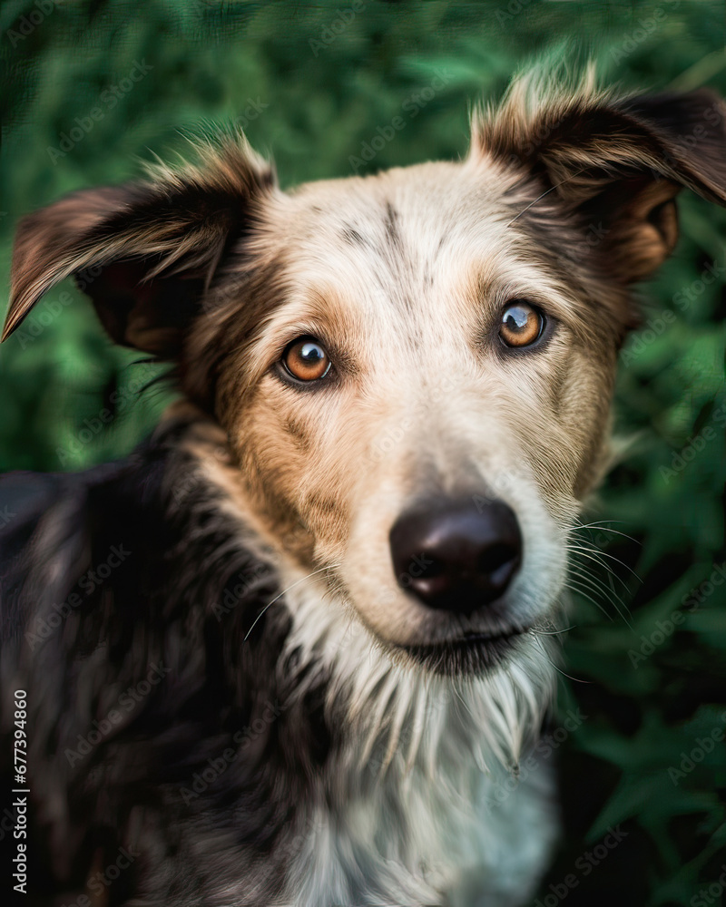 Adorable furry friend: brown-white-black, nature backdrop, loving, joyful expression. Adorable furry friend: brown-white-black, nature backdrop, loving, joyful expression.