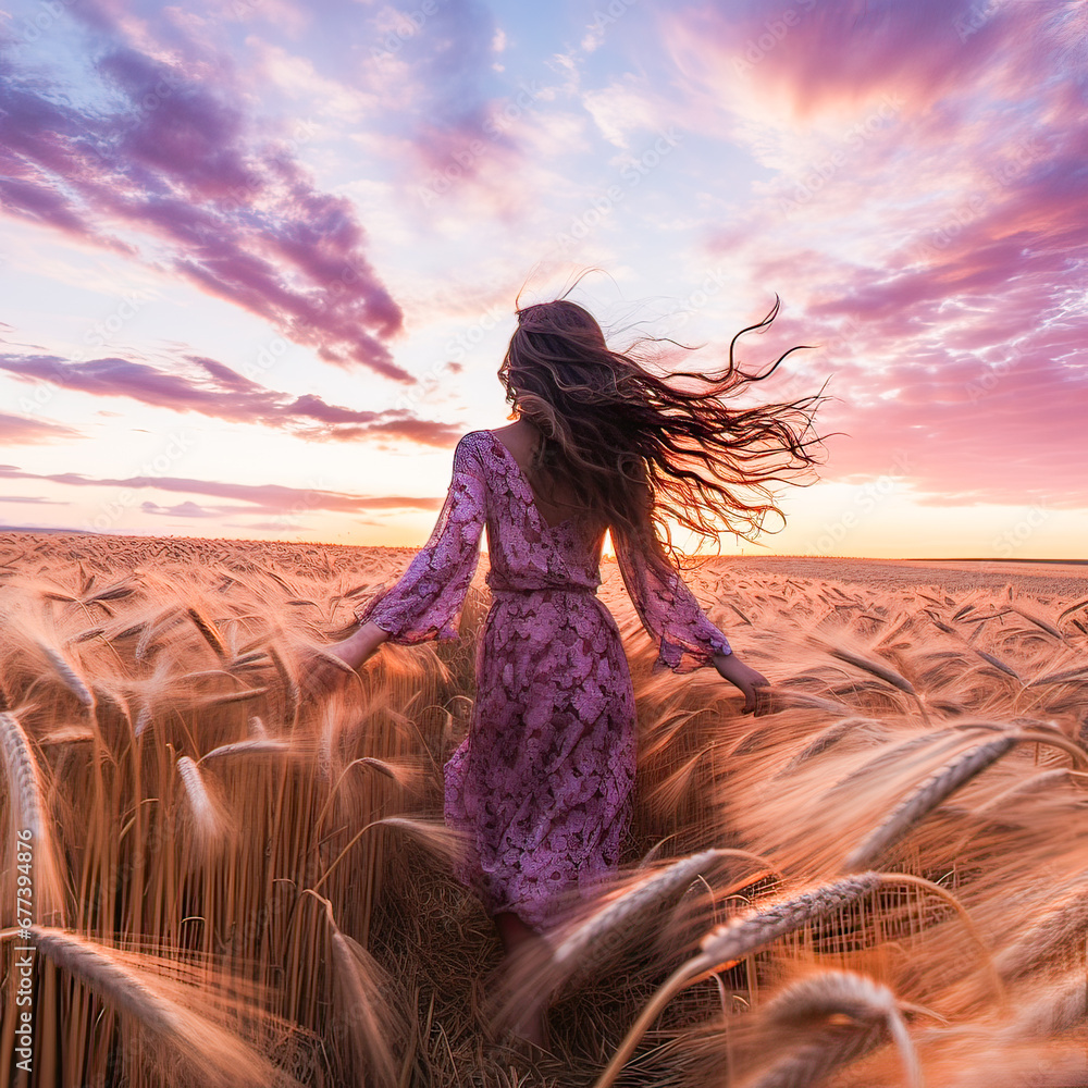 Elegance in wheat, flowered dress sways. Elegance in wheat, flowered dress sways.