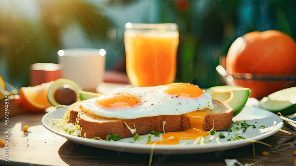 Hearty morning feast: avocado toast, eggs, spices and orange juice. Hearty morning feast: avocado toast, eggs, spices and orange juice.