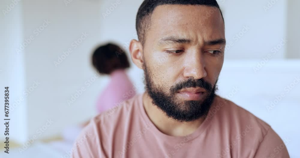 Man, thinking and conflict of couple in bedroom with sad, breakup and frustrated at home. Crisis, divorce and face of partner angry for cheating, marriage affair or toxic fight for emotional drama Man, thinking and conflict of couple in bedroom with sad, breakup and frustrated at home. Crisis, divorce and face of partner angry for cheating, marriage affair or toxic fight for emotional drama