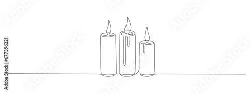 One continuous line drawing of wax or paraffin candle. Christmas home decoration and aromatherapy concept in simple linear style. Editable stroke. Doodle Vector illustration