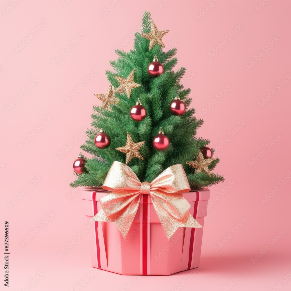 Christmas tree in gift box with pink ribbon bow isolated on pastel rose background. Winter holidays and congratulation concept. Minimal New Year card. Xmas design for banner and greeting card Christmas tree in gift box with pink ribbon bow isolated on pastel rose background. Winter holidays and congratulation concept. Minimal New Year card. Xmas design for banner and greeting card