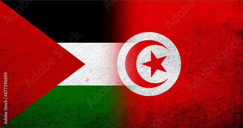 Flag of Palestine and The Republic of Tunisia National flag. Grunge background photo