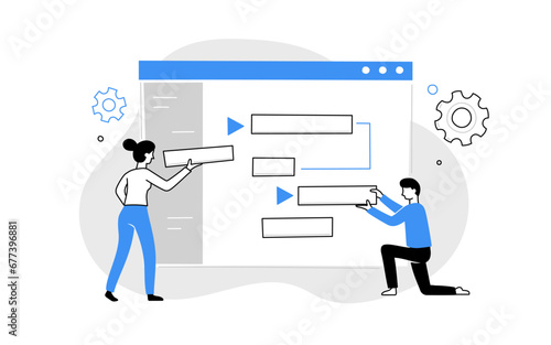 Project manage software work doodle line people. Business project, complete task, management digital methodology system concept doodle with line people. Vector illustration