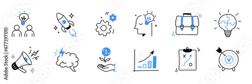 Business idea, startup doodle line icon set. Hand drawn doodle sketch line style business strategy, finance goal, startup idea concept. Rocket, target, brain cute element. Vector illustration
