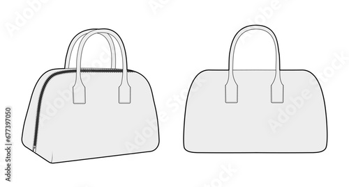Bowling Tote silhouette bag. Fashion accessory technical illustration. Vector satchel front 3-4 view for Men, women, unisex style, flat handbag CAD mockup sketch outline isolated
