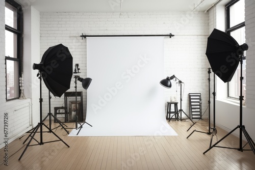 Professional photography studio featuring a pristine white roll-up backdrop and strategically placed photo lights for optimal shooting conditions. photo