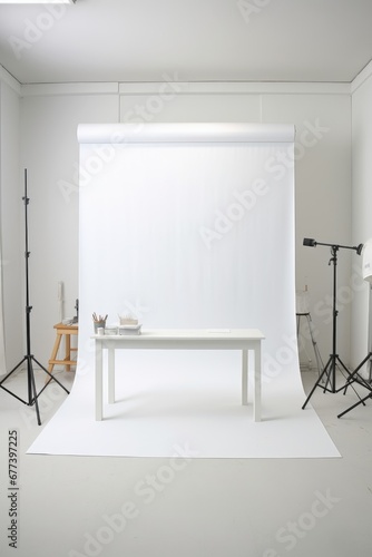 Professional photography studio featuring a pristine white roll-up backdrop and strategically placed photo lights for optimal shooting conditions.