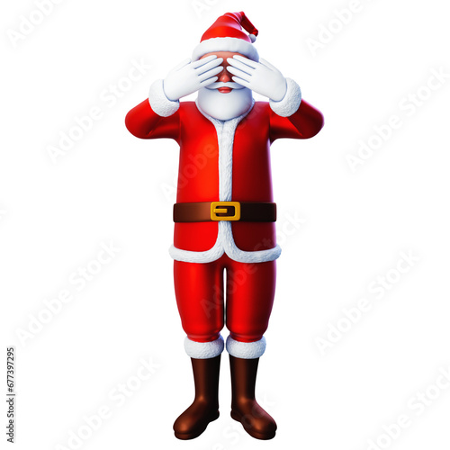 3D character of santa claus close his eye using both hands, Merry Christmas and Happy New Year, 3d illustration and rendering