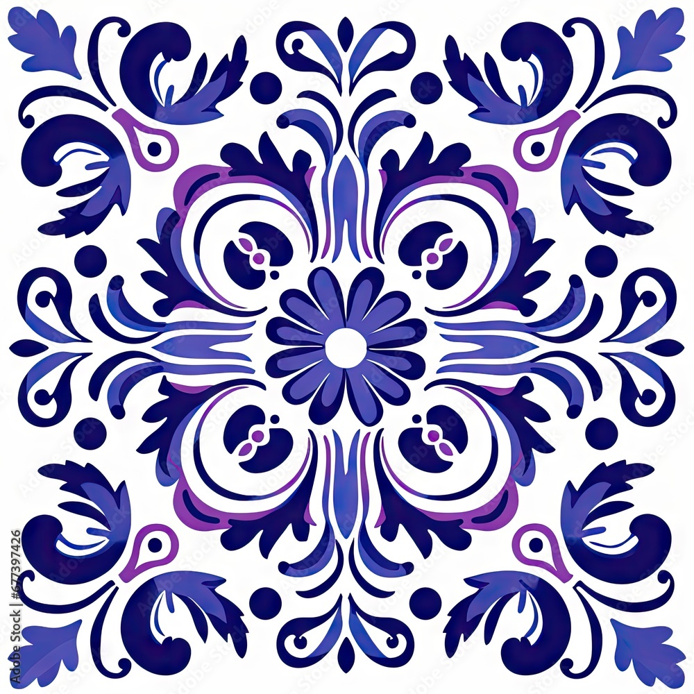 Ethnic folk ceramic tile in talavera style with blue and purple floral ornament. Italian pattern, traditional Portuguese and Spain decor. Mediterranean porcelain pottery isolated on white background