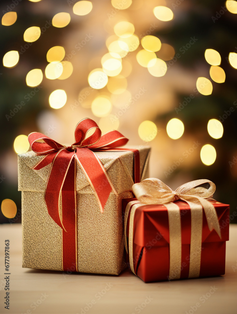 Christmas gift boxes with red ribbons on bokeh background Christmas gift boxes with red ribbons on bokeh background
