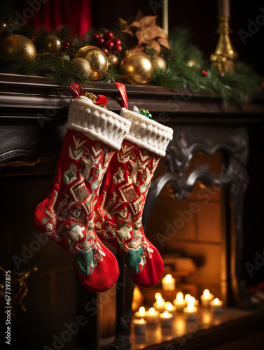 Christmas stocking on the background of a fireplace and a Christmas tree