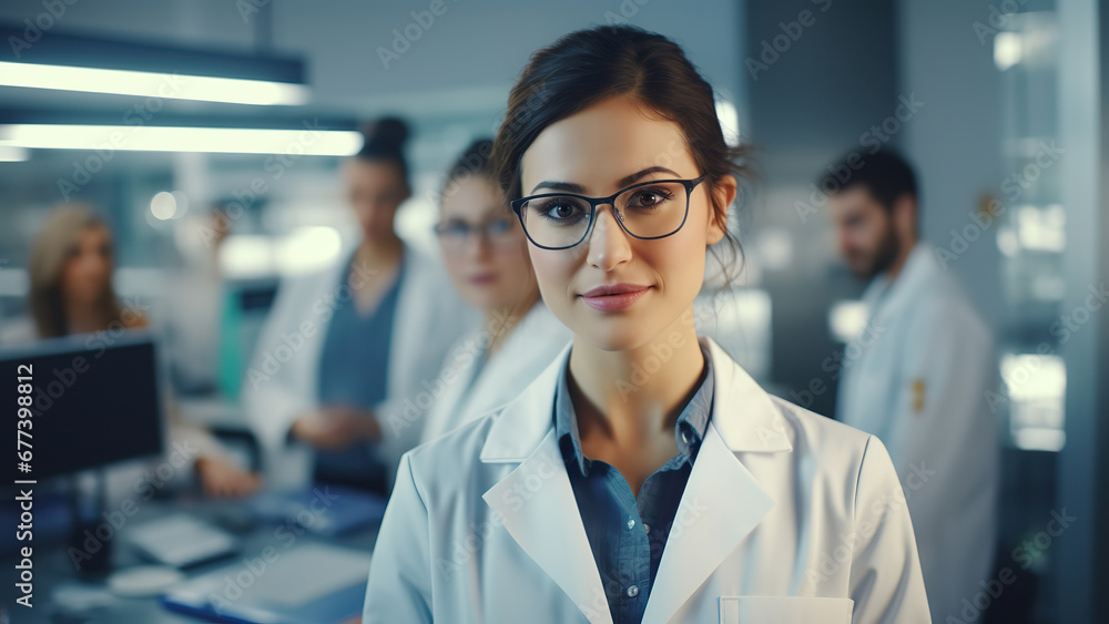 Fototapeta premium Beautiful young woman scientist wearing white coat and glasses in modern Medical Science Laboratory with Team of Specialists on bac.