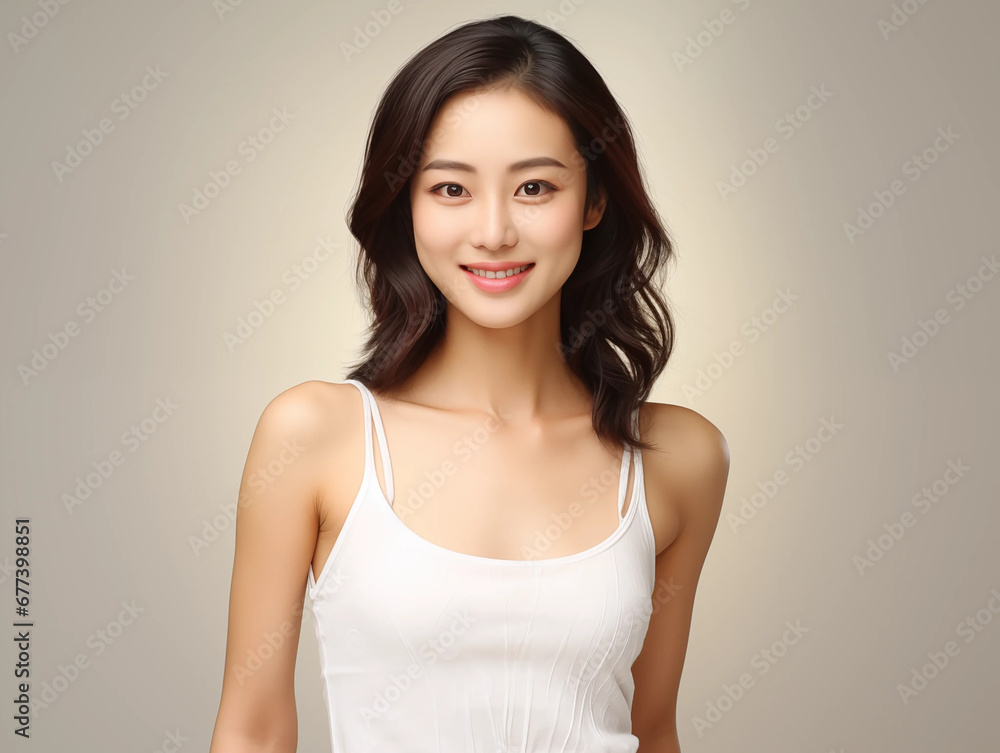 An attractive young Asian woman with beautiful skin smiles at the camera, beauty and cosmetics advertising concept. An attractive young Asian woman with beautiful skin smiles at the camera, beauty and cosmetics advertising concept.