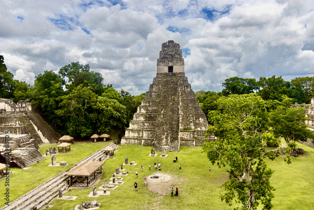Tourism at the Ancient Mayan City in the jungle at Tikal ruins in Guatamala