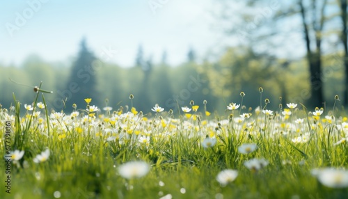 Colorful spring scene with lush green grass, whiteyellow background, copy space   easter concept. photo