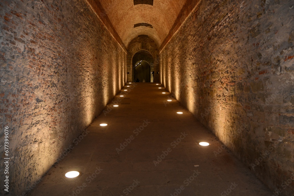 Long dark corridor illuminated with lights on the ground