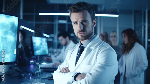 Handsome young man in white coat and glasses in modern medical scientific laboratory with team of specialists on bac.