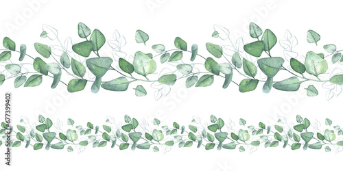 Eucalyptus. Seamless pattern border. Branches of greenery. Botanical watercolor illustration for packaging design, wallpapers, ceramics, textiles