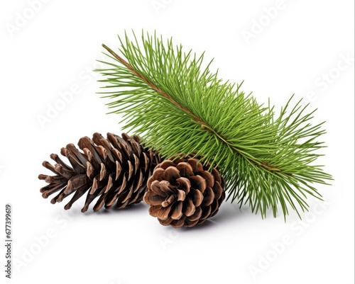 Pine Sprig. Close-up of Isolated Pine Branch with Cones on White Background. Christmas and New Year Concept.