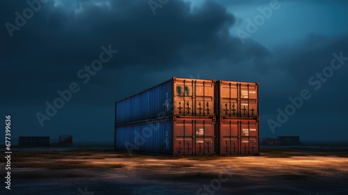 Industrial landscape showcasing a stacked arrangement of shipping containers, symbolizing trade and logistics in a dynamic, urban setting.