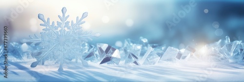 Merry Christmas Ice. Close-Up Snowflake on Natural Snowdrift. Winter Wonderland Background with Frosty Crystals. © AIGen