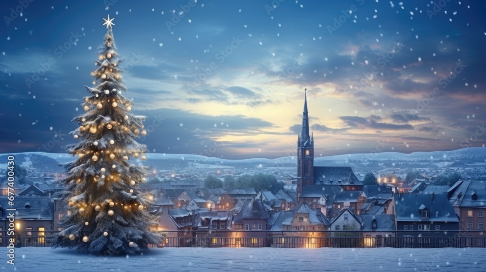 A towering Christmas tree with twinkling lights overlooks a snow-dusted village at twilight