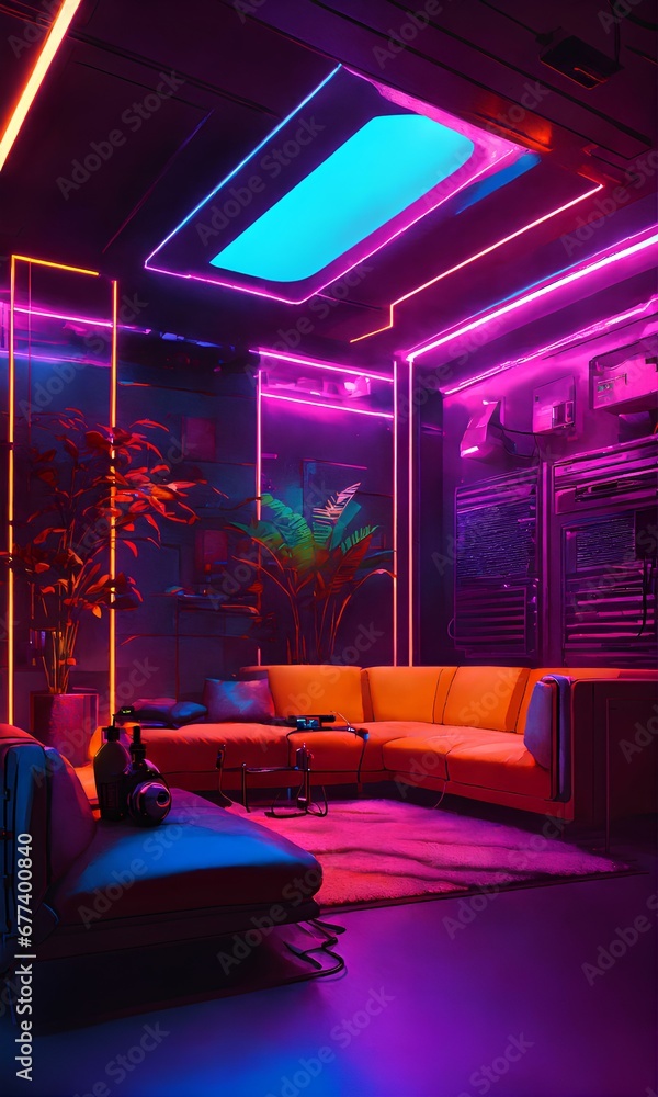 先進的かつ近未来的なデザインのお部屋、上品でポップなネオンルーム｜A room with an advanced and futuristic design.An elegant and pop neon room. Generative AI