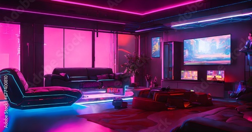                                                                                                    A room with an advanced and futuristic design.An elegant and pop neon room. Generative AI