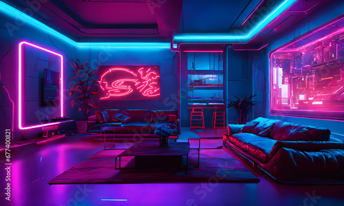 先進的かつ近未来的なデザインのお部屋、上品でポップなネオンルーム｜A room with an advanced and futuristic design.An elegant and pop neon room. Generative AI photo