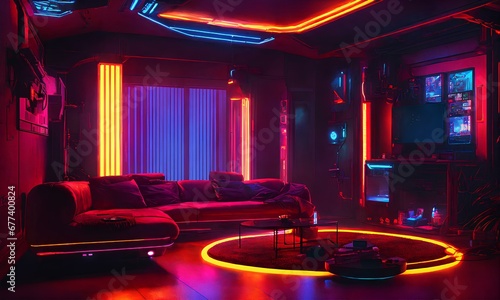 先進的かつ近未来的なデザインのお部屋、上品でポップなネオンルーム｜A room with an advanced and futuristic design.An elegant and pop neon room. Generative AI photo