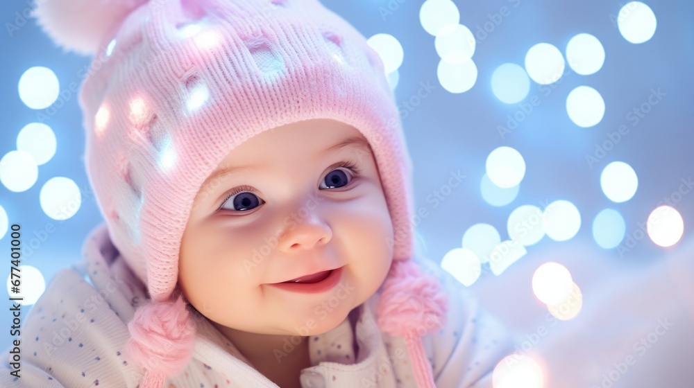 Close up portrait of a cute smiling baby with beanie posing in Christmas decoration lights, Concept of Christmas and New Year joy, excitement and celebration. Pastel pink blue colors, bright light