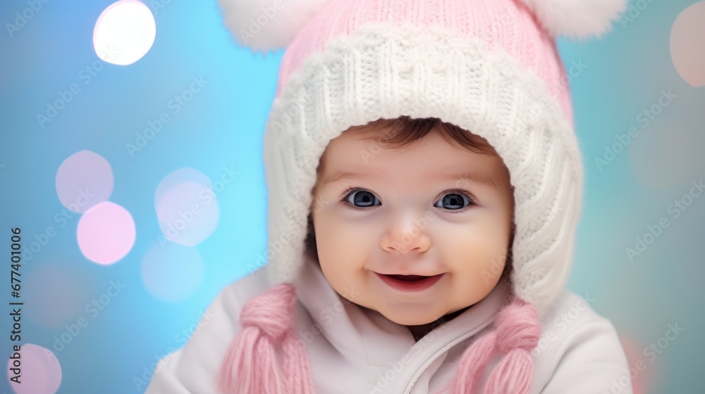 Close up portrait of a cute smiling baby with beanie posing in Christmas decoration lights, Concept of Christmas and New Year joy, excitement and celebration. Pastel pink blue colors, bright light Close up portrait of a cute smiling baby with beanie posing in Christmas decoration lights, Concept of Christmas and New Year joy, excitement and celebration. Pastel pink blue colors, bright light