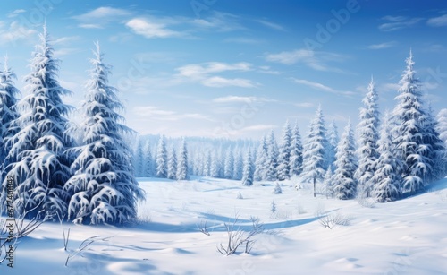 Snow-covered pine trees in a serene winter landscape with a clear blue sky