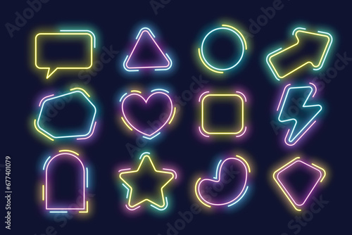 Ultraviolet neon round frame set collection, Glowing neon lighting frame with cyan and pink background, tunnel, portal, neon square, triangle, circle, love, star, arrow. vector illustration photo