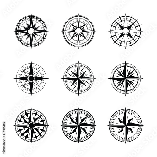 Set of Vintage Compass marine wind rose, nautical chart. Monochrome navigational compass with cardinal directions of North, East, South, West. Geographical position, cartography and navigation. 