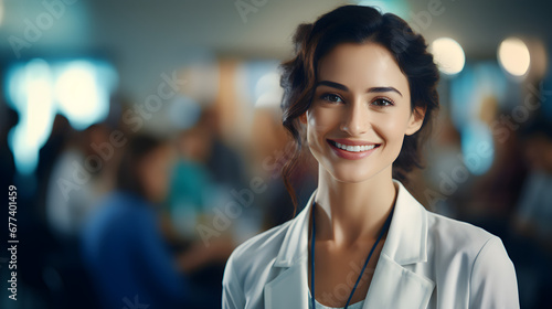 A female doctor or nurse is standing in the front row of a medical training class or seminar room background, smiling cheerfully and looking confident,