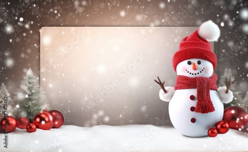 Snowman in a red hat and scarf beside Christmas decorations and a blank sign © InfiniteStudio