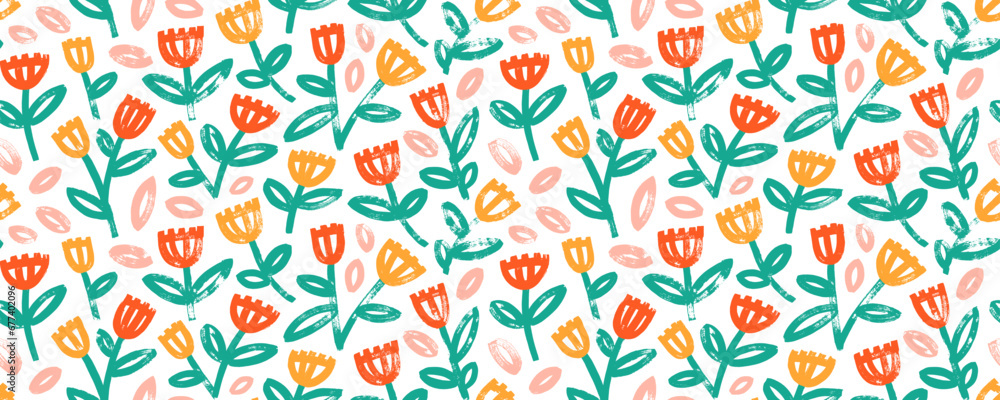 Floral seamless pattern with brush-drawn wild flowers. Colorful abstract plant motif.