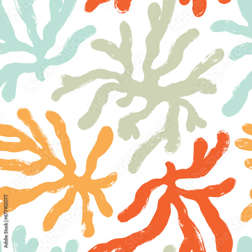 Pastel colored seamless pattern with coral and algae in Matisse style.