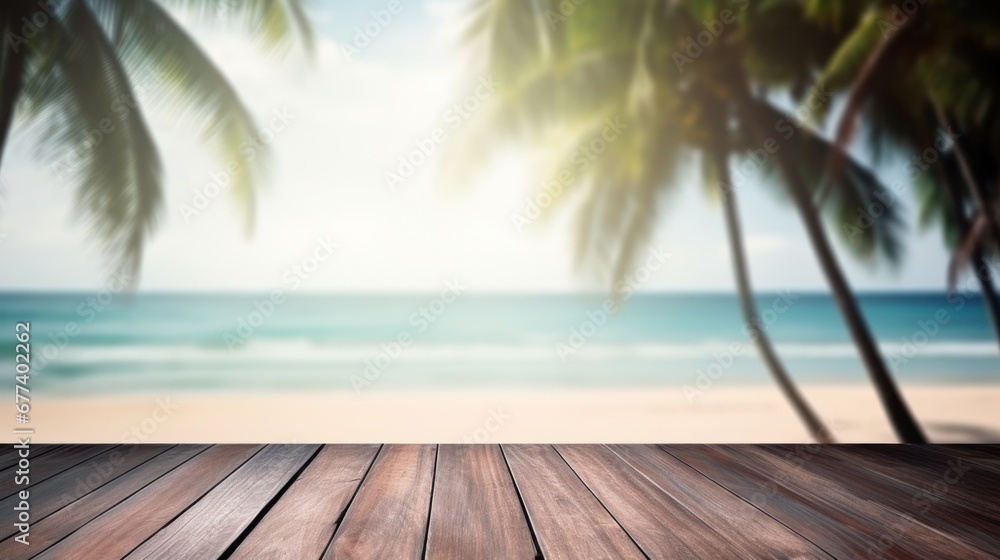 Dark wood floor top on blur tropical beach background, Advertisement, Print media, Illustration, Banner, for website, copy space, for word, template, presentation Dark wood floor top on blur tropical beach background, Advertisement, Print media, Illustration, Banner, for website, copy space, for word, template, presentation